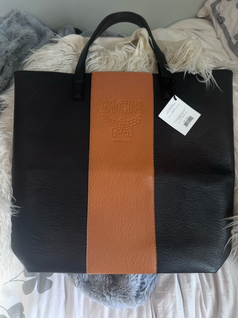 MCM Black Tote with Tan Center Panel